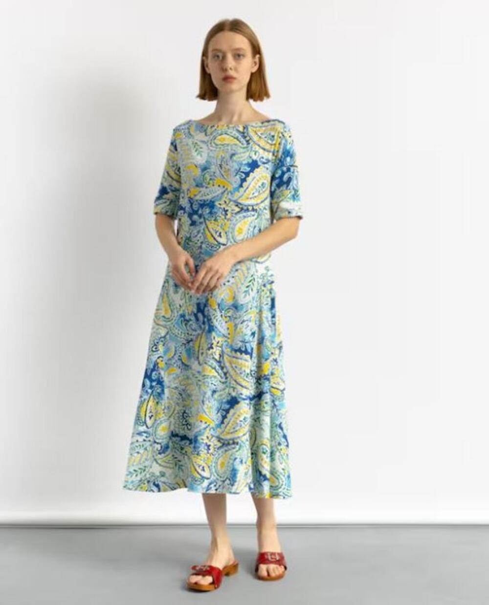 Lauren Ralph Lauren PAISLEY Womens XL A Line MIDI Dress Blue Yellow NWOT